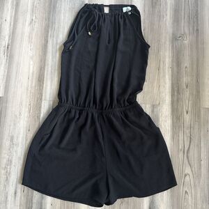 Veronica M Black Gold Romper Elastic Waist Pockets Size Small